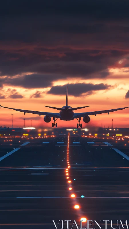 Airliner flare-out over illuminated runway at civil dusk.
