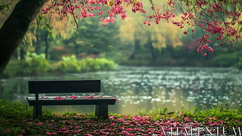 Bench under blooming tree overlooks softly defocused lakeside