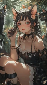 Cat-eared girl in sunlit forest glade surrounded by cats.