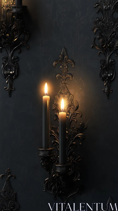 Dark ornate wall sconce with two lit black candles.