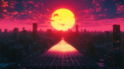 Neon megacity glows under an oversized electric sunset.