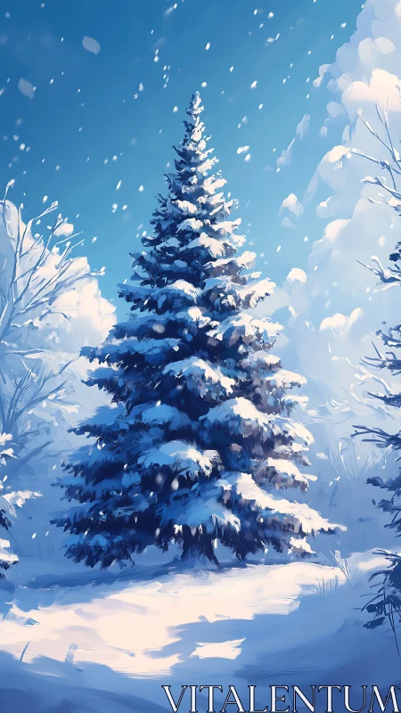 Snow laden spruce rendered in luminous winter digital painting