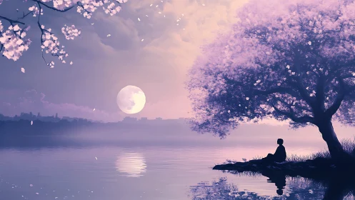 Silhouetted figure under tree beside lake at full moon.