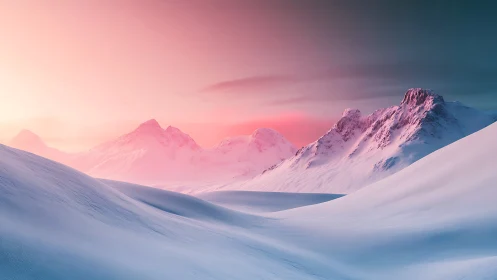 Snowy mountain range under soft pink twilight sky.