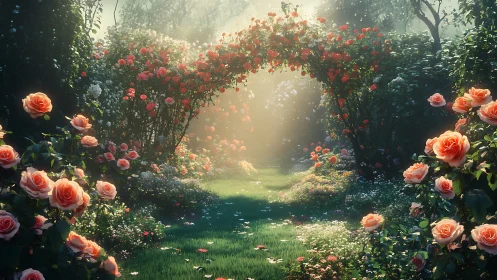 Rose garden archway with blooming flowers and misty sunlight