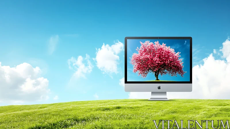 Desktop display framing vivid cherry tree in open field.