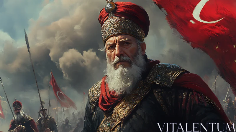Regal Ottoman commander in storm-lit battlefield tableau.