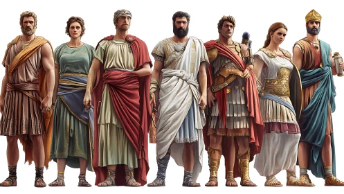Roman leaders and citizens stand in regal historical attire