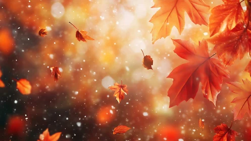 Autumn maple leaves drifting through glowing golden light.
