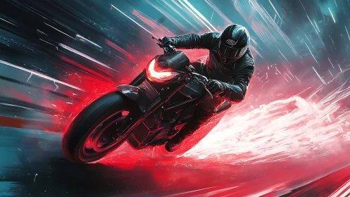 Motorcyclist leans into high speed turn with neon light.