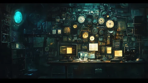 Cozy steampunk command desk glowing with clocks and screens.