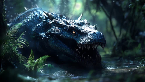 Bioluminescent swamp dragon emerges with wet specular scales bared