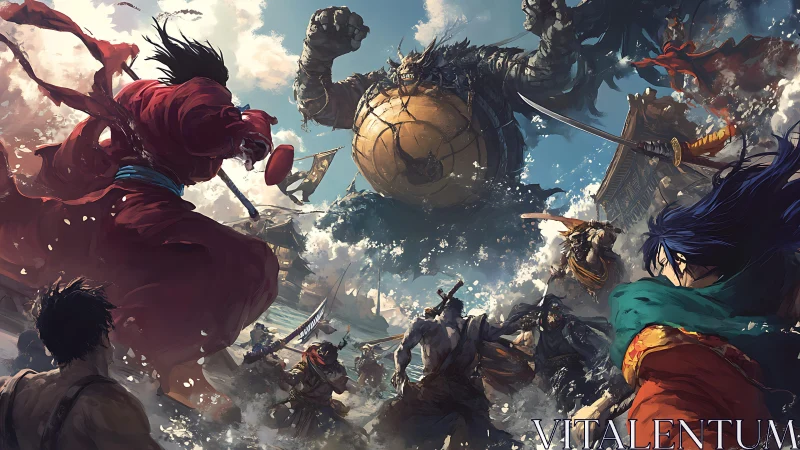 Samurai warriors confront a colossal sea titan in chaos.