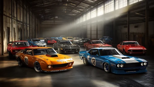 Retro racing muscle car grid in volumetric warehouse light.
