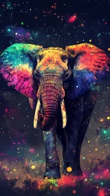 Cosmic elephant strides through neon galaxy clouds.