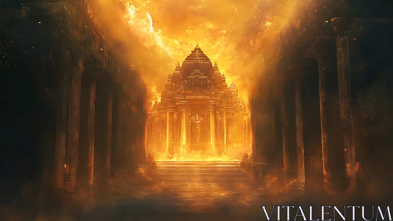 Radiant celestial temple amid molten golden mistscape.