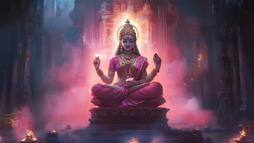 Divine goddess meditates in glowing temple haze