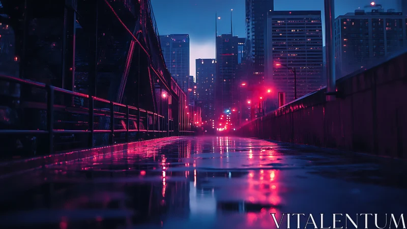 Rain soaked city bridge glows under neon pink streetlights
