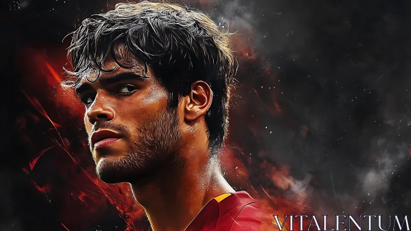 Intense male portrait against dark red abstract flames.