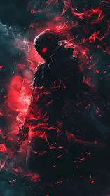 Dark armored figure surrounded by red energy stands still