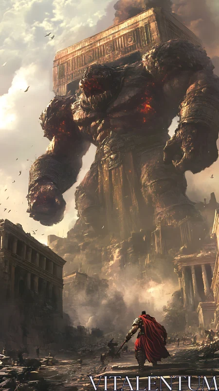 Lone warrior confronting a colossal molten titan rupture.