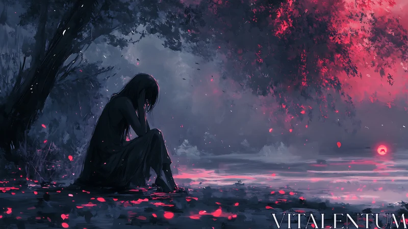 Solitary figure by lakeside at red twilight sunset scene.