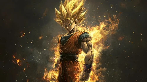 Golden haired warrior in orange gi amid surrounding flames.