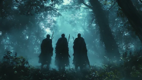 Three cloaked warriors enter misted teal forest at dawn.