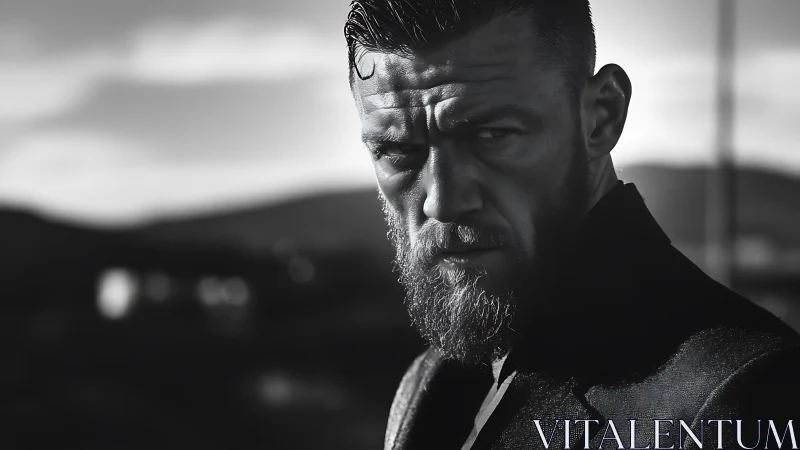 Bearded man in intense black and white outdoor portrait.