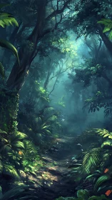 Misty forest path with tall trees and filtered light