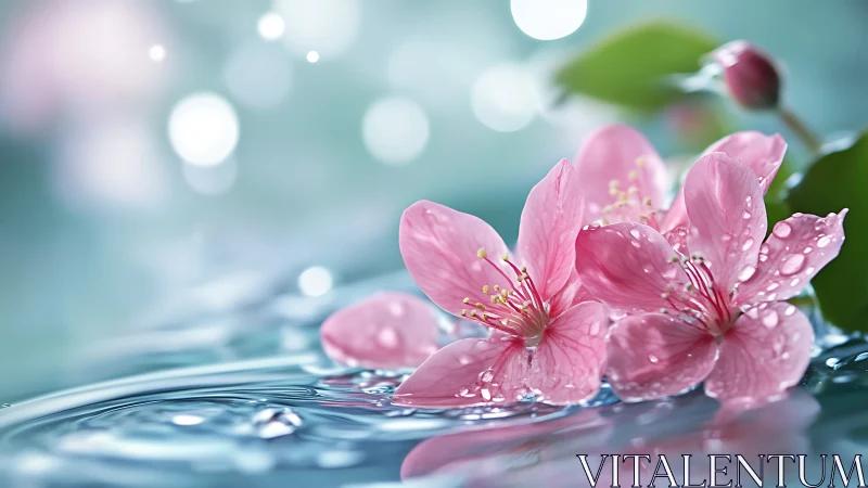Pink Cherry Blossoms Floating on Water With Macro Droplet Refraction Analysis