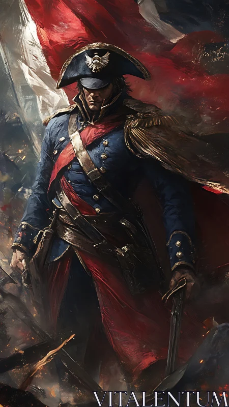 Officer in blue uniform before large tricolour flag.