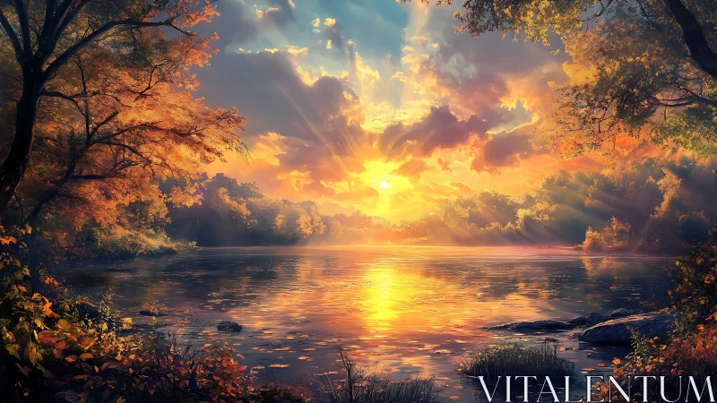 Sunlit autumn lakescape renders dynamic atmospheric perspective