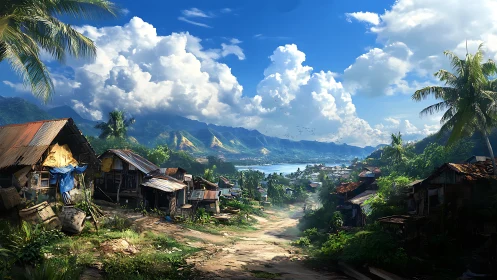 Mountain Valley Settlement Under Dramatic Sky.