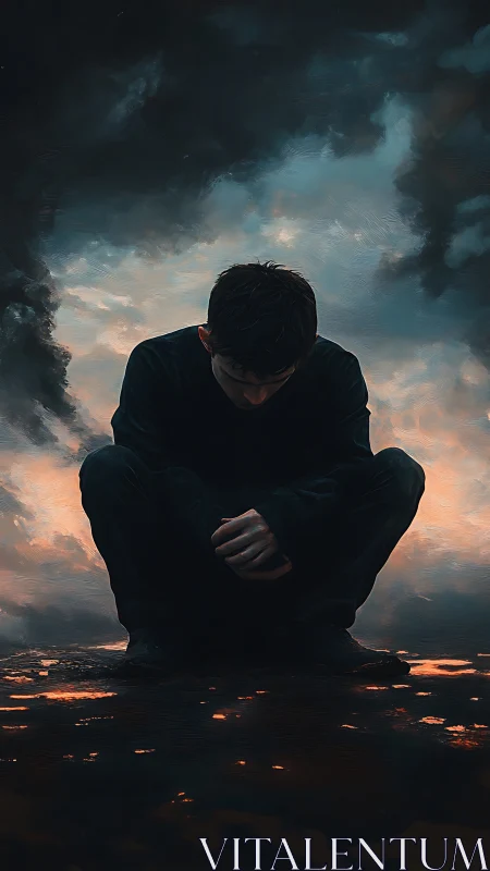 Solitary figure squats against turbulent, clouded backdrop