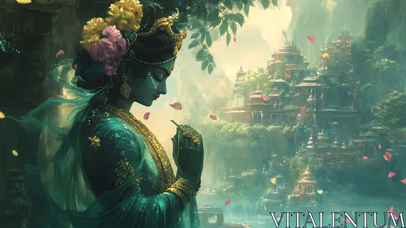 Female figure in teal attire before distant tiered cityscape.