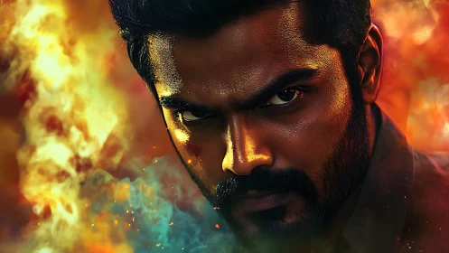 Intense fiery portrait captures a determined man in chaos