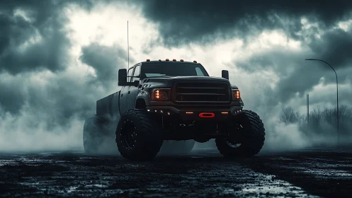 Stormy road monster truck rolls forward through moody fog