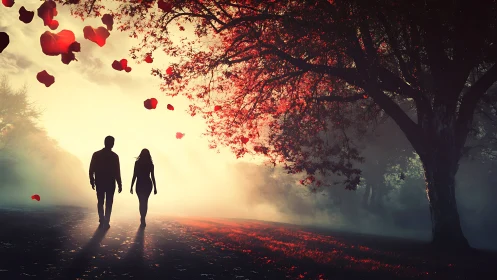 Silhouetted Couple Traversing Luminous Arboreal Pathway with Falling Heart Particles.