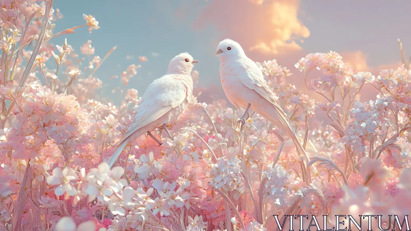 White songbirds rest in dreamy pastel flower meadow