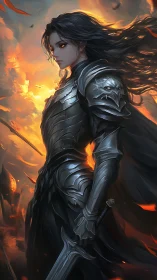 Digital painting of dark armored warrior in infernal backlight.