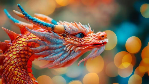 Vibrant dragon bust glows against dreamy festival bokeh