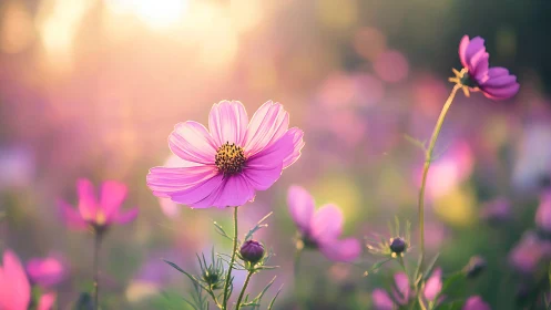 Pink cosmos flowers bathed in warm diffused sunlight with soft bokeh background.
