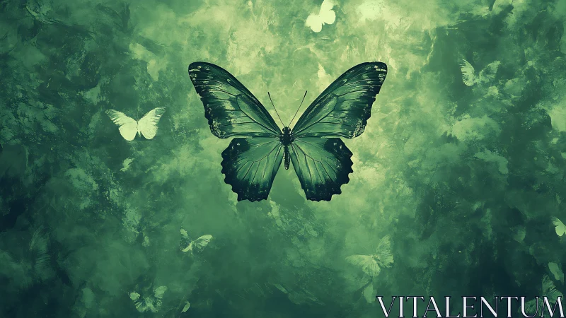 Emerald lepidoptera in diffuse atmospheric mist, central focus