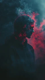 Mysterious hooded silhouette glowing through red smoke.