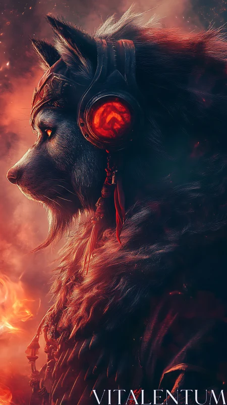 Armored wolf warrior in red firelit fantasy profile art.