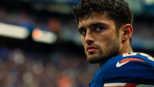 Sideline portrait of focused American football player in game