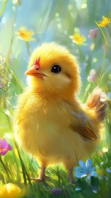 Adorable Yellow Chick Surrounded by Spring Flowers.