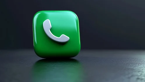Green phone call icon cube rests on dark textured surface