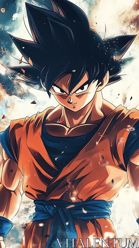 Energetic anime warrior amid explosive particle turbulence.